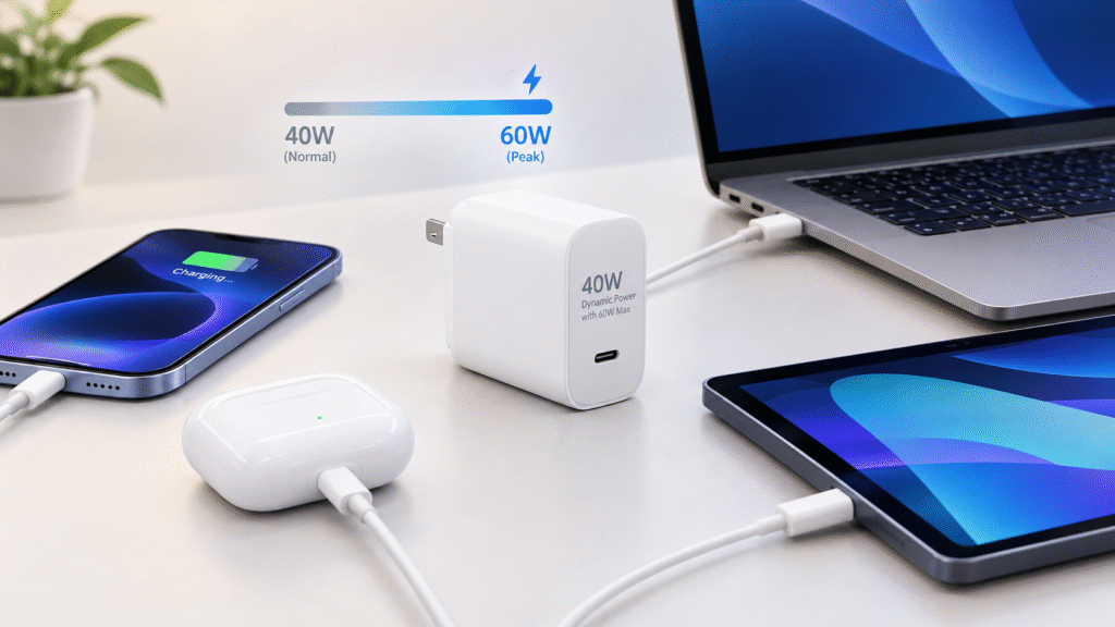 GrunX 40W dynamic power GaN fast charger with 60W peak output charging iPhone, AirPods, tablet and laptop together through USB-C cables